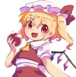  1girl :d apple ascot blonde_hair blush collared_shirt commentary_request cowboy_shot crystal fang flandre_scarlet flat_chest food frilled_shirt_collar frills fruit h_haniwa hat hat_ribbon holding holding_food holding_fruit looking_at_viewer medium_hair mob_cap one_side_up open_mouth red_apple red_eyes red_ribbon red_skirt red_vest ribbon shirt simple_background skirt skirt_set smile solo touhou vest white_background white_headwear white_shirt wings yellow_ascot 