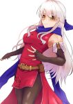  1girl bare_shoulders belt black_gloves black_pantyhose blue_ribbon blue_scarf brown_belt commentary_request cowboy_shot dress elbow_gloves fingerless_gloves fire_emblem fire_emblem:_radiant_dawn gloves hair_ribbon highres long_hair looking_at_viewer micaiah_(fire_emblem) pantyhose partial_commentary pouch red_dress ribbon scarf shutchi simple_background sleeveless sleeveless_dress smile solo standing thighs very_long_hair white_background white_hair yellow_eyes 