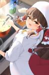  1girl apron bangs blush bow brown_eyes brown_hair commentary_request cooking cooking_pot cowboy_shot dress frilled_bow frilled_hair_tubes frills hair_between_eyes hair_bow hair_tubes hakurei_reimu heart heart_in_mouth highres kappougi kimeemaru long_hair looking_at_viewer mamacha_(vnct5755) open_mouth red_bow red_dress shameimaru_aya sidelocks smile solo stew stove touhou white_apron 