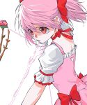  1girl ako_(eanaaati1) bow_(weapon) choker drawing_bow dress gloves hair_ribbon highres holding holding_bow_(weapon) holding_weapon kaname_madoka magical_girl mahou_shoujo_madoka_magica pink_dress pink_hair red_eyes red_ribbon ribbon short_hair short_twintails simple_background solo twintails weapon white_gloves 
