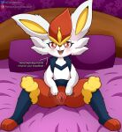  anthro blush butt cinderace cloudeon english_text female generation_8_pokemon genitals hi_res looking_at_viewer nintendo open_mouth pokemon pokemon_(species) pussy red_body red_eyes solo spread_legs spread_pussy spreading text white_body 