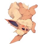  1:1 2023 3_toes ambiguous_gender bird&#039;s-eye_view black_eyes black_inner_ear black_nose blush blush_lines canid cute_fangs digital_media_(artwork) eeveelution fangs featureless_crotch feet feral flareon fluffy fluffy_tail fur generation_1_pokemon head_tuft hi_res high-angle_view looking_at_viewer lying mammal multicolored_body multicolored_fur neck_tuft nintendo nude on_back on_model open_mouth open_smile orange_body orange_fur pawpads paws pink_pawpads pokemon pokemon_(species) pupils quadruped shaded simple_background simple_shading small_nose smile solo tail tan_body tan_fur teeth toes tongue tuft two_tone_body two_tone_fur white_background white_pupils youjomodoki 