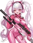  1girl ;d absurdres alice_(nikke) animal_ear_headphones animal_ears blush bodysuit breasts clothes_writing contrapposto cowboy_shot dot_nose eyelashes fake_animal_ears goddess_of_victory:_nikke gun hair_intakes headphones headset highres holding holding_gun holding_weapon impossible_bodysuit impossible_clothes jacket latex latex_bodysuit long_hair looking_at_viewer medium_breasts one_eye_closed open_mouth pink_bodysuit pink_eyes pink_headphones red_jacket rifle rosebell shiny_clothes shrug_(clothing) signature simple_background skin_tight smile solo standing thighs twintails weapon white_background white_hair 
