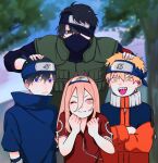  1girl 3boys aged_down black_hair blonde_hair blue_eyes blue_shirt blurry blurry_background chainsaw_man cosplay crossed_arms denji_(chainsaw_man) ear_piercing gurukousu hair_between_eyes hand_on_another&#039;s_head haruno_sakura haruno_sakura_(cosplay) hatake_kakashi hatake_kakashi_(cosplay) hayakawa_aki headband highres horns kishibe_(chainsaw_man) kishibe_(young)_(chainsaw_man) konohagakure_symbol long_hair multiple_boys naruto naruto_(series) one_eye_closed one_eye_covered piercing pink_eyes pink_hair popped_collar power_(chainsaw_man) purple_horns red_shirt sharp_teeth shirt short_hair smile teeth tongue tongue_out topknot tree uchiha_sasuke uchiha_sasuke_(cosplay) uzumaki_naruto uzumaki_naruto_(cosplay) yellow_eyes 