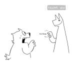  anthro bodily_fluids canid canine canis clicking dialogue duo female gesture mammal open_mouth pointing smile sweat text twist_(twistcmyk) twistcmyk wolf 