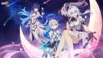  armor armored_dress blue_hair bronya_zaychik bronya_zaychik_(herrscher_of_truth) collar dress drill_hair gloves grey_eyes grey_hair hair_between_eyes halo highres honkai_(series) honkai_impact_3rd kiana_kaslana kiana_kaslana_(herrscher_of_finality) long_hair multicolored_hair night night_sky raiden_mei raiden_mei_(herrscher_of_origin) sky thighhighs two-tone_hair weapon white_collar white_dress white_gloves white_thighhighs 