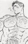  1boy abs arm_hair bara blush chest_hair completely_nude dickfish_(fishismdick) hairy highres john_rottweil_(dickfish) large_pectorals lying male_focus mature_male muscular muscular_male navel navel_hair nipples nude on_back original pectorals scan short_hair sideburns sketch sleeping snoring solo stomach thick_eyebrows traditional_media translation_request 