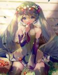 1girl bangs bare_shoulders basket between_legs black_skirt black_sleeves black_thighhighs blue_eyes blue_hair breasts collared_shirt commentary detached_sleeves eating flower flower_wreath food fruit green_necktie grey_shirt hair_between_eyes hand_between_legs hatsune_miku head_wreath highres holding holding_food ito_taera long_hair long_sleeves necktie pleated_skirt revision shirt sitting skirt sleeveless sleeveless_shirt sleeves_past_wrists small_breasts solo strawberry strawberry_plant thighhighs tie_clip twintails very_long_hair vocaloid wariza white_flower wide_sleeves 