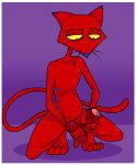  anthro ball_fondling balls cartoon_network courage_the_cowardly_dog crouching fondling genitals hi_res katz_(courage_the_cowardly_dog) male masturbation nude penile penile_masturbation penis simple_background solo tinydevilhorns 