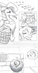  anthro basket braided_hair clothed clothing comic container dinosaur english_text eyes_closed feathered_wings feathers female hair hi_res laundry long_snout mature_female metroid monochrome morph_ball nintendo pterodactylus pterosaur reptile rexhastala samantha_(snoot_game) scalie simple_background sketch snoot_game_(fan_game) snout solo text wings 