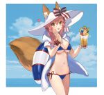  1girl animal_ears bikini blue_bikini blue_sky blush border breasts cloud commentary day drink fang fate/grand_order fate_(series) fox_ears fox_girl fox_tail hair_between_eyes hat heart highres holding holding_drink innertube long_hair looking_at_viewer navel ocean outside_border pink_hair rizu033 sky solo stomach sun_hat swimsuit symbol-only_commentary tail tamamo_(fate) tamamo_no_mae_(swimsuit_lancer)_(fate) tamamo_no_mae_(swimsuit_lancer)_(third_ascension)_(fate) twintails water white_border white_headwear yellow_eyes 
