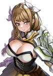  1girl absurdres armor bangs braid breasts brown_hair cleavage corset fire_emblem fire_emblem_engage gloves goldmary_(fire_emblem) hair_ribbon highres kaorihero large_breasts long_hair looking_at_viewer mole mole_on_breast ribbon shoulder_armor simple_background skirt smile solo white_gloves white_ribbon yellow_eyes 