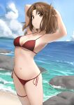  1girl absurdres alternate_costume armpits arms_up beach bikini blue_sky breasts brown_eyes brown_hair cleavage commentary commission english_commentary fav_faris highres long_hair looking_at_viewer medium_breasts navel ocean outdoors red_bikini sand sky solo stomach swimsuit tsukihime twintails water yumizuka_satsuki 