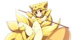  1girl animal_ears animal_hands armpits arms_behind_head bell blonde_hair blush bottomless breasts commentary_request feet_out_of_frame fox_girl fox_hat fox_tail halterneck holding holding_staff kosumo looking_at_viewer moonlight_flower multiple_tails navel open_mouth ragnarok_online red_eyes short_hair small_breasts solo staff tail tail_censor white_background 