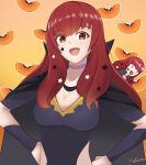  1girl absurdres bakaretsu bangs black_bodysuit bodysuit breasts chibi choker cleavage clothing_cutout commentary english_commentary fire_emblem fire_emblem_engage hair_ornament hands_on_hips highres long_hair looking_at_viewer medium_breasts open_mouth papaya pink_choker red_eyes red_hair smile star_(symbol) star_hair_ornament twitter_username yunaka_(fire_emblem) 
