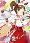  1girl asymmetrical_bangs bangs blush breasts brown_hair buttons candy clothing_cutout food freckles green_eyes grin hands_up heart high-waist_skirt highres holding holding_candy holding_food holding_tray horse_girl horse_tail ice_cream ines_fujin_(melty_gift)_(umamusume) ines_fujin_(umamusume) inomata_konomu jewelry large_breasts looking_at_viewer maid_headdress name_tag necklace one_eye_closed pocket red_skirt shirt short_hair short_sleeves shoulder_cutout side_ponytail skirt smile solo sparkle sundae tail tray umamusume waitress white_shirt wrist_cuffs 