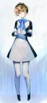  1girl absurdres aegis_(persona) android bangs blonde_hair blue_bow blue_bowtie blue_eyes bow bowtie closed_mouth dress full_body gloves hair_between_eyes head_tilt headphones highres lips looking_at_viewer lor_(roasyerizyonirapi) official_alternate_costume own_hands_together persona persona_3 persona_3:_dancing_moon_night pink_lips robot robot_ears short_hair smile solo white_dress white_gloves 