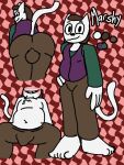  anthro barefoot belly biped bottomwear bulge butt clothing domestic_cat feet felid feline felis humanoid male mammal marshy_(marshycat) marshycat pants presenting presenting_hindquarters shirt smile solo topwear vest 