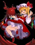  1girl bangs black_background blonde_hair blood crystal english_commentary flandre_scarlet full_body hat hat_ribbon highres looking_at_viewer medium_hair mob_cap one_side_up qwas69 red_eyes red_footwear red_ribbon red_skirt red_vest ribbon shirt simple_background skirt socks solo touhou vest white_headwear white_shirt white_socks wings 