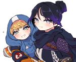  2girls animification apex_legends bangs black_bodysuit black_hair black_scarf blue_bodysuit blue_eyes blush bodysuit breasts floating_hair grey_hair hair_bun hood hood_up hooded_bodysuit jacket leaning_to_the_side lightning_bolt_symbol looking_at_viewer medium_breasts multiple_girls orange_jacket parted_bangs riku_(ururi7610) scar scar_on_cheek scar_on_face scarf single_hair_bun smile wattson_(apex_legends) wraith_(apex_legends) 