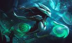  1girl air_bubble armor bad_source breasts bubble cable closed_mouth colored_skin green_eyes green_skin holding holding_staff large_breasts league_of_legends long_hair looking_up mermaid monster_girl nami_(league_of_legends) official_alternate_costume official_art profile program_nami robot solo staff underwater water 