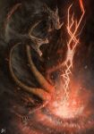  1other absurdres claws dragon dragon_wings dragonlord_placidusax drawing elden_ring explosion fantasy highres mateuszhorbowiec multiple_heads red_lightning signature storm_cloud wings 