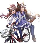  2girls :d animal_ears bicycle blue_eyes bow bowtie brown_footwear brown_hair commentary ear_piercing frilled_skirt frills greyscale ground_vehicle high_ponytail highres horse_ears horse_girl horse_tail horseshoe_ornament k11iii loafers long_hair long_sleeves monochrome multicolored_hair multiple_girls piercing pleated_skirt purple_eyes purple_serafuku purple_shirt purple_skirt purple_thighhighs riding riding_bicycle sailor_collar sailor_shirt school_uniform serafuku shirt shoes simple_background skirt smile streaked_hair symboli_rudolf_(umamusume) tail thighhighs tokai_teio_(umamusume) tracen_school_uniform two-tone_hair umamusume white_background white_bow white_bowtie white_hair 