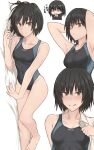  1girl amagami arms_up bangs bare_shoulders barefoot black_hair black_one-piece_swimsuit breasts brown_eyes closed_mouth commentary_request competition_swimsuit hibikida1113 highres kibito_high_school_uniform looking_at_viewer lying medium_breasts nanasaki_ai on_side one-piece_swimsuit school_uniform short_hair smile swimsuit translation_request 