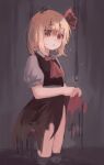  1girl ameshi_(rzuw4482) ascot black_skirt blonde_hair clothes_lift flat_chest hair_ribbon highres lifted_by_self neck_bobbles red_ascot red_eyes red_ribbon ribbon rumia short_hair short_sleeves skirt skirt_hold skirt_lift solo touhou vest 