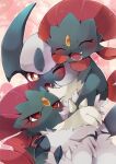  absol ambiguous_gender blush claws cuddling cute_fangs embrace eyes_closed fur generation_3_pokemon generation_4_pokemon happy hug nintendo one_eye_closed open_mouth paws pokemon pokemon_(species) pouting red_eyes simple_background sirairo116 weavile white_body white_fur 