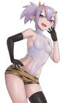  1girl :d animal_print asymmetrical_gloves bangs breasts covered_navel elbow_gloves gloves hashi horns leotard looking_at_viewer oni oni_horns original pink_eyes ponytail print_shorts purple_hair shorts single_thighhigh small_breasts smile solo thighhighs tiger_print white_leotard 