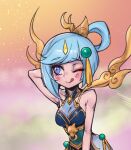  1girl ;q arm_behind_head bangs bare_shoulders blue_dress breasts cleavage collarbone dress green_dress grey_hair hair_ornament large_breasts league_of_legends lunar_empress_lux lux_(league_of_legends) medium_hair multicolored_background one_eye_closed phantom_ix_row shiny_skin smile solo tongue tongue_out upper_body 