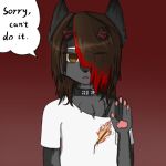  1:1 anthro broken_horn brown_eyes brown_hair canid canine canis clothing collar crybitur felid fur grey_body grey_fur hair horn hybrid looking_at_viewer male mammal open_mouth red_hair red_horn simple_background solo speech_bubble suwyzid text wolf 