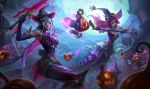  2girls animal bad_source bangs bare_shoulders bat_(animal) bewitching_fiora bewitching_nami bewitching_yuumi breasts building cat cleavage cloud elbow_gloves fiora_(league_of_legends) full_moon gloves grey_hair grey_ribbon hat holding holding_staff holding_weapon house large_breasts league_of_legends leotard long_hair looking_at_viewer medium_breasts mermaid monster_girl moon multiple_girls nami_(league_of_legends) night parted_lips pink_hair pointy_ears pumpkin purple_gloves short_hair smile staff teeth water weapon witch_hat wrist_cuffs yuumi_(league_of_legends) 