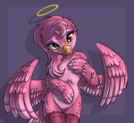  2018 angel anthro avian beak biped bird black_clothing black_legwear black_stockings blush blush_lines clothing countershade_torso countershading eyebrows eyelashes feathered_wings feathers featureless_chest featureless_crotch female front_view furnut green_eyes hair halo hand_on_own_belly hand_on_own_chest hi_res legwear legwear_only long_hair looking_at_viewer mostly_nude multicolored_body pink_body pink_hair simple_background solo standing stockings stockings_only tail_feathers two_tone_body white_body wings 