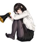  1girl absurdres alternate_costume bangs black_hair black_pantyhose black_skirt blunt_bangs blush closed_mouth from_side full_body girls&#039;_frontline hair_over_shoulder head_on_knees head_rest heterochromia highres holding holding_megaphone hugging_own_legs knees_up long_hair long_sleeves looking_at_viewer megaphone multicolored_hair mutugorou_u pantyhose red_eyes ro635_(girls&#039;_frontline) shirt simple_background sitting skirt solo streaked_hair two-tone_hair very_long_hair white_background white_hair white_shirt yellow_eyes 