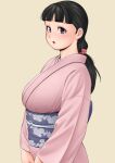  1girl bangs black_hair blush breasts highres japanese_clothes kimono large_breasts long_hair long_sleeves looking_at_viewer mature_female nemui333 obi open_mouth original pink_kimono sash simple_background solo wide_sleeves 
