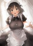  1girl alternate_costume apron bangs black_dress black_hair blush breasts brown_eyes buttons dress enmaided haguro_(kancolle) highres kantai_collection large_breasts maid maid_headdress open_mouth short_hair short_sleeves smile solo toka_(marchlizard) white_apron 
