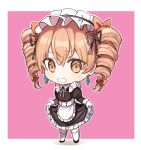  1girl alternate_costume apron bangs black_dress black_footwear border brown_eyes dress drill_hair earrings enmaided frilled_apron frilled_dress frills full_body gloves hair_between_eyes highres jewelry juliet_sleeves light_brown_hair long_hair long_sleeves maid maid_apron maid_headdress open_mouth puffy_sleeves shoes solo sweetpotatojelly thighhighs touhou twin_drills twintails waist_apron white_apron white_border white_gloves white_thighhighs yorigami_jo&#039;on 