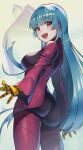  1girl ass bangs blue_hair bodysuit breasts cowboy_shot gloves highres kula_diamond long_hair looking_at_viewer looking_back medium_breasts purple_eyes sato_one1 simple_background smile the_king_of_fighters the_king_of_fighters_xv white_background 