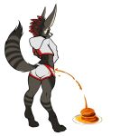  anthro athletic bodily_fluids canada clothed clothing food fully_clothed genital_fluids male mammal maple_syrup pancake procyonid raccoon rexouium solo solo_focus standing urine watersports 