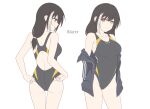  1girl alternate_costume ass backless_swimsuit black_hair breasts girls&#039;_frontline gotoo heterochromia highres jacket large_breasts long_hair multicolored_hair one-piece_swimsuit open_clothes open_jacket red_eyes ro635_(girls&#039;_frontline) solo streaked_hair swimsuit white_hair yellow_eyes 