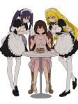  3girls ^_^ absurdres alternate_costume apron bangs black_bow black_bowtie black_footwear blonde_hair blush bow bowtie breasts brown_hair cleavage closed_eyes commentary cup detached_collar dolly_(toaru_kagaku_no_railgun) dress dress_bow eating enmaided food food_on_face fork frilled_dress frills full_body gloves highres holding holding_fork holding_knife holding_tray honey invisible_floor knife kouzaku_mitori leaning_forward loafers long_hair looking_at_another maid maid_apron maid_headdress medium_breasts multiple_girls pancake pancake_stack pink_dress plate puffy_short_sleeves puffy_sleeves purple_hair shoes shokuhou_misaki short_hair short_sleeves sidelocks simple_background sitting star-shaped_pupils star_(symbol) symbol-shaped_pupils teacup teruya_(6w6y) thighhighs toaru_kagaku_no_railgun toaru_majutsu_no_index tray twintails white_background white_gloves white_thighhighs wing_collar wrist_cuffs 