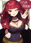  1girl bangs black_cape bodysuit breasts cape chocojax cleavage covered_navel facial_mark fire_emblem fire_emblem_engage hair_ornament highres large_breasts long_hair looking_at_viewer navel red_eyes red_hair side_cutout smile solo star_(symbol) star_facial_mark star_hair_ornament tongue tongue_out white_background yunaka_(fire_emblem) 