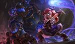  1girl annie_(league_of_legends) arms_up bad_source bangs belt brown_belt brown_footwear brown_pants brown_vest electricity frilled_shirt frilled_skirt frills goggles goggles_on_head grey_skirt hextech_annie league_of_legends leaning_forward mecha medium_hair official_alternate_costume open_mouth pants puffy_short_sleeves puffy_sleeves red_hair robot sharp_teeth shirt short_sleeves skirt standing striped striped_pants teeth tibbers vest white_eyes white_shirt 