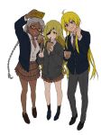  1boy 2girls :d absurdres ahoge alternate_costume arm_up bangs black_cardigan black_footwear blazer blonde_hair blue_eyes blue_footwear blue_jacket blush braid breasts brown_footwear brown_skirt bubble_tea cardigan cellphone checkered_clothes cleavage collared_shirt commentary_request cup dark-skinned_female dark_skin drink drinking drinking_straw earrings eyepatch full_body glasses green_eyes grey_hair hair_over_one_eye head_tilt highres holding holding_cup holding_phone invisible_floor jacket jewelry loafers long_hair long_sleeves marian_slingeneyer medium_breasts miniskirt multiple_girls necktie no_socks open_clothes open_jacket open_mouth orange_eyes othinus pants parted_bangs partially_unbuttoned phone plaid plaid_skirt pleated_skirt red-framed_eyewear school_uniform selfie semi-rimless_eyewear shirt shoes sidelocks simple_background skirt sleeves_past_wrists smartphone smile socks standing swept_bangs taking_picture teruya_(6w6y) thor_(toaru_majutsu_no_index) toaru_majutsu_no_index toaru_majutsu_no_index:_new_testament under-rim_eyewear v very_dark_skin very_long_hair white_background white_shirt wing_collar 