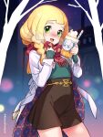 1girl :d alolan_vulpix bangs blonde_hair blunt_bangs blush braid brown_shorts character_print coat commentary_request cosplay cup dessert drinking_straw elesa_(palentine&#039;s_2023)_(pokemon) elesa_(pokemon) elesa_(pokemon)_(cosplay) eyelashes food green_eyes green_shirt high-waist_shorts highres holding holding_cup kinocopro lillie_(pokemon) long_hair lower_teeth_only night open_clothes open_coat open_mouth outdoors pokemon pokemon_(game) pokemon_masters_ex pokemon_sm red_scarf scarf shirt shorts sky sleeves_past_wrists smile solo teeth tongue twitter_username watermark white_coat 