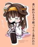  1girl ahoge brown_hair brown_skirt chibi detached_sleeves double_bun eating ehoumaki food frilled_skirt frills full_body hair_bun headgear japanese_clothes kantai_collection kongou_(kancolle) kongou_kai_ni_(kancolle) long_hair lr_hijikata makizushi purple_eyes ribbon-trimmed_sleeves ribbon_trim sitting skirt solo sushi translation_request twitter_username 