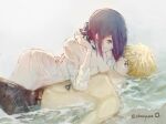  1boy 1girl artist_name blonde_hair bottomless breasts chainsaw_man choker denji_(chainsaw_man) green_eyes highres looking_at_another ocean purple_hair red_eyes reze_(chainsaw_man) shirt signature simple_background smile topless water wet wet_clothes white_background white_shirt zhenyuann 