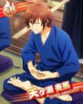  1boy ahoge amagase_touma barefoot brown_eyes brown_hair card_(medium) character_name clenched_teeth collarbone feet fingernails glint hair_between_eyes idolmaster idolmaster_side-m indian_style legs_folded long_sleeves male_focus official_art one_eye_closed out_of_frame pillow sitting soles spread_toes sweatdrop teeth third-party_source toes wide_sleeves wooden_floor 